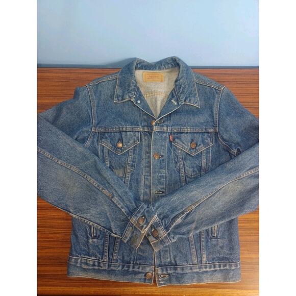 Vintage Levi Strauss 90's Dark Blue Jean Jacket Coat Button Size 40L Rider/Biker - Picture 14 of 15